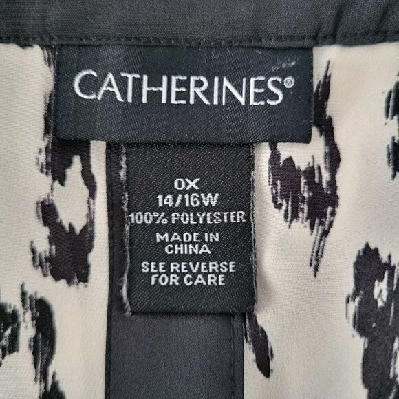 Catherines Leopard Blouse 0X (14/16) Black Lightweight Keyhole Slit Sleeve Satin - Picture 9 of 14